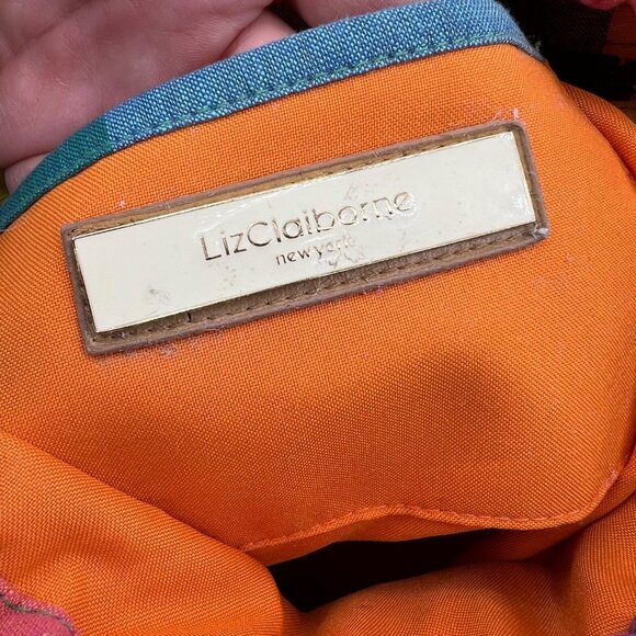 Liz Claiborne Colorful Plaid Drawstring Bag With Wicker Base & Orange Rope Strap - Picture 5 of 9